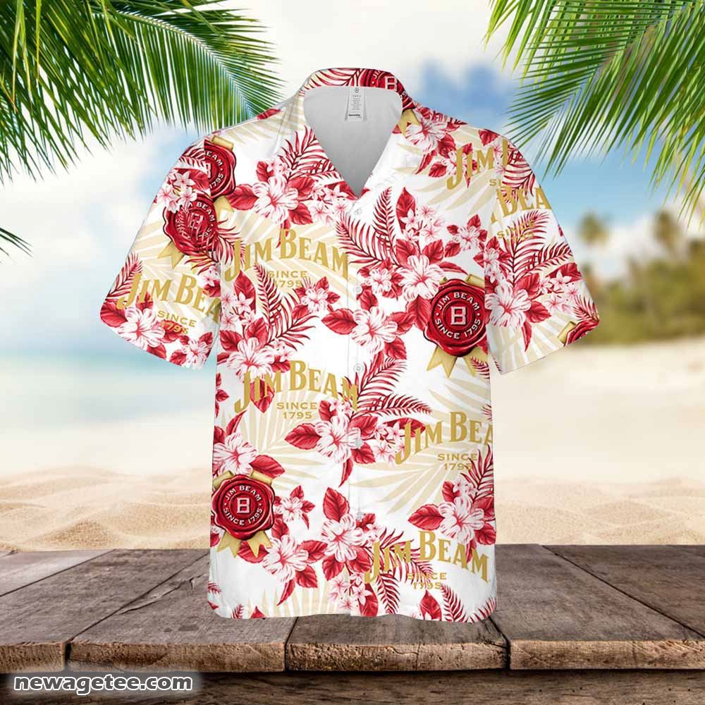 Jim Beam Hawaiian Button Up Shirt Hibiscus Floral