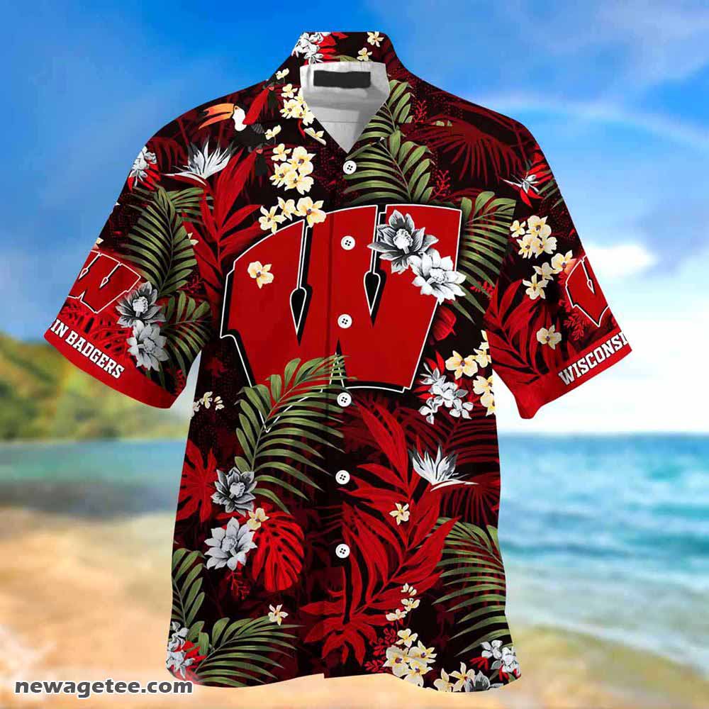 Wisconsin Badgers Summer Hawaiian Shirt And Shorts With Tropical Patterns For Fans