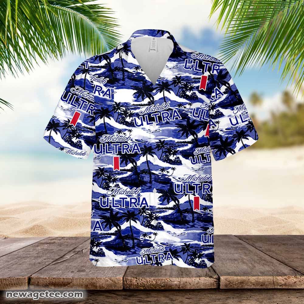 Michelob Ultra Hawaiian Button Up Shirt Palm Leaves Pattern