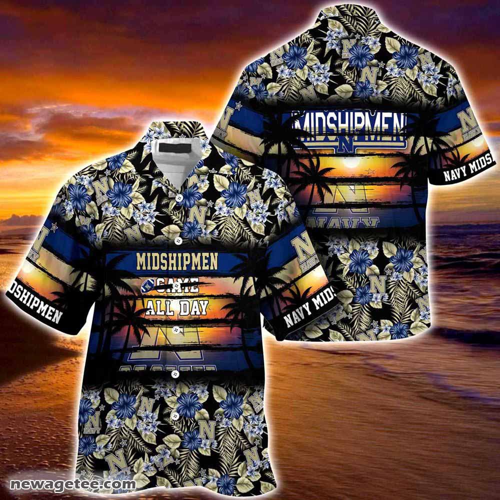 Navy Midshipmen Summer Beach Hawaiian Shirt Hibiscus Pattern For Sports Fan