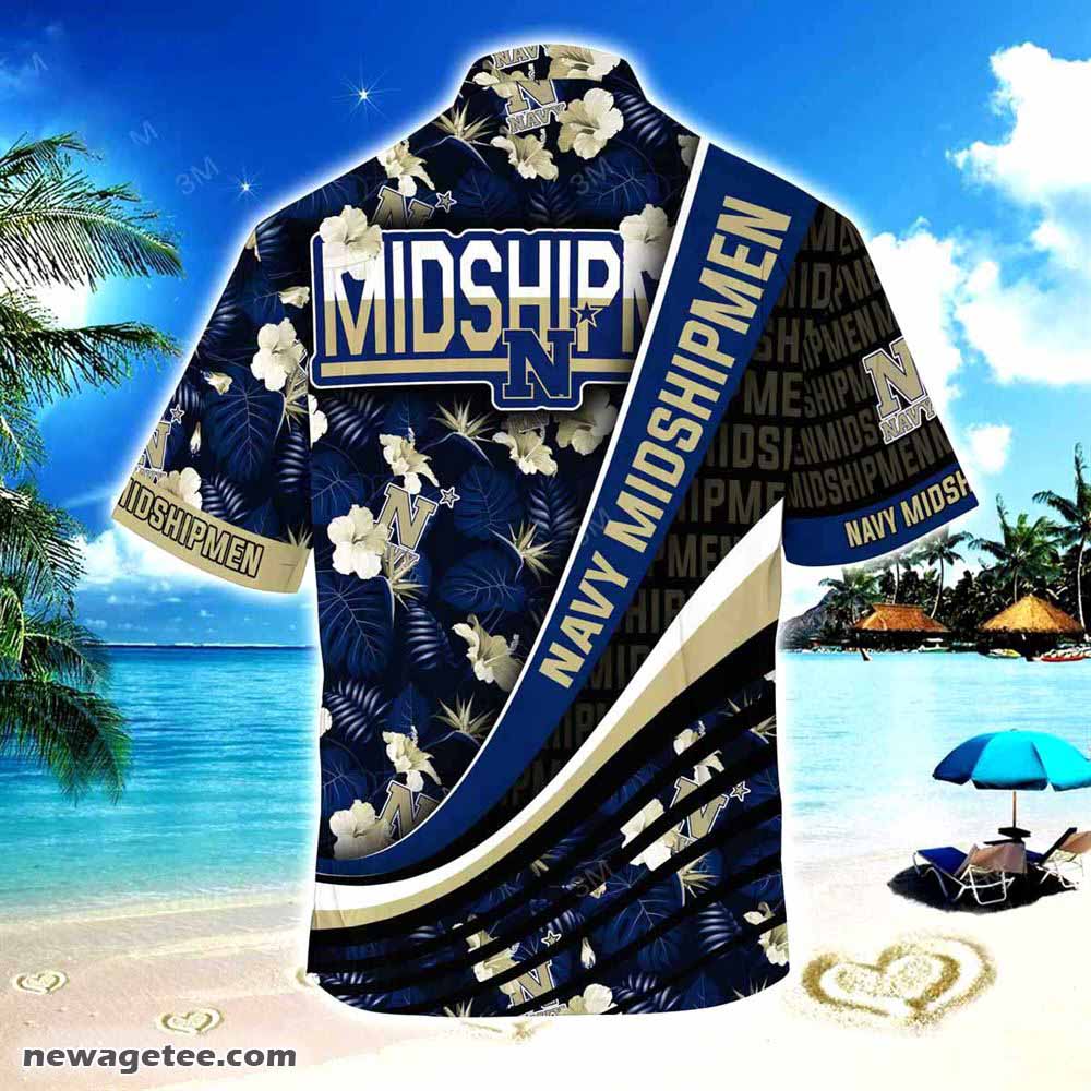 Navy Midshipmen Summer Beach Hawaiian Shirt With Tropical Flower Pattern