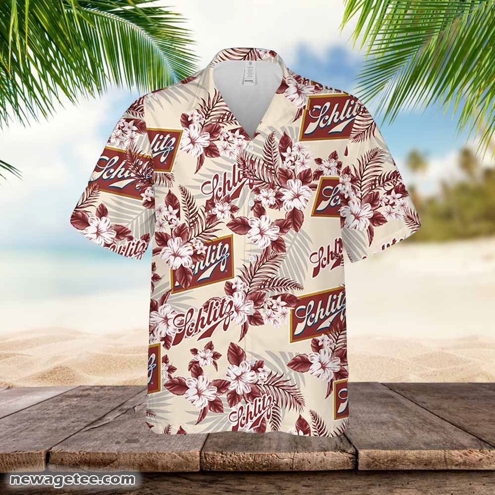 Schlitz Hawaiian Button Up Shirt Palm Leaves Pattern Party