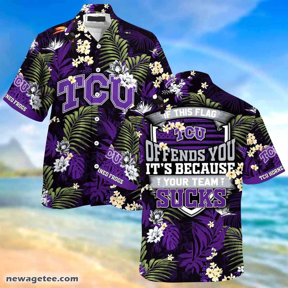 Tcu Horned Frogs Summer Beach Hawaiian Shirt With Tropical Flower Pattern
