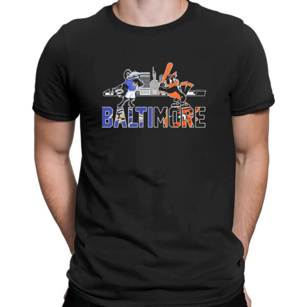 The Oriole Bird And Poe Mascots Baltimore Skyline Sports T-Shirt
