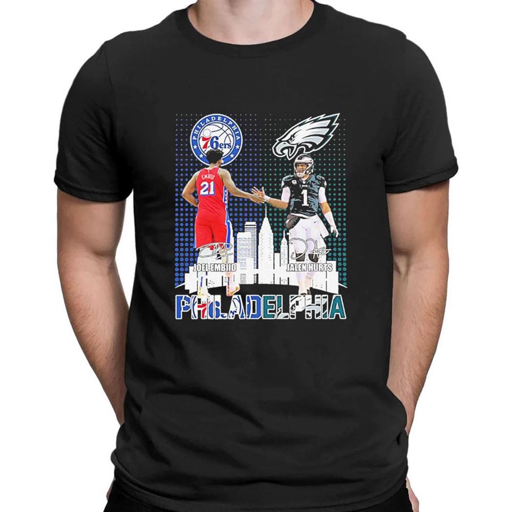 Joel Embiid And Jalen Hurts Philadelphia Skyline Sports Team Signatures T-shirt