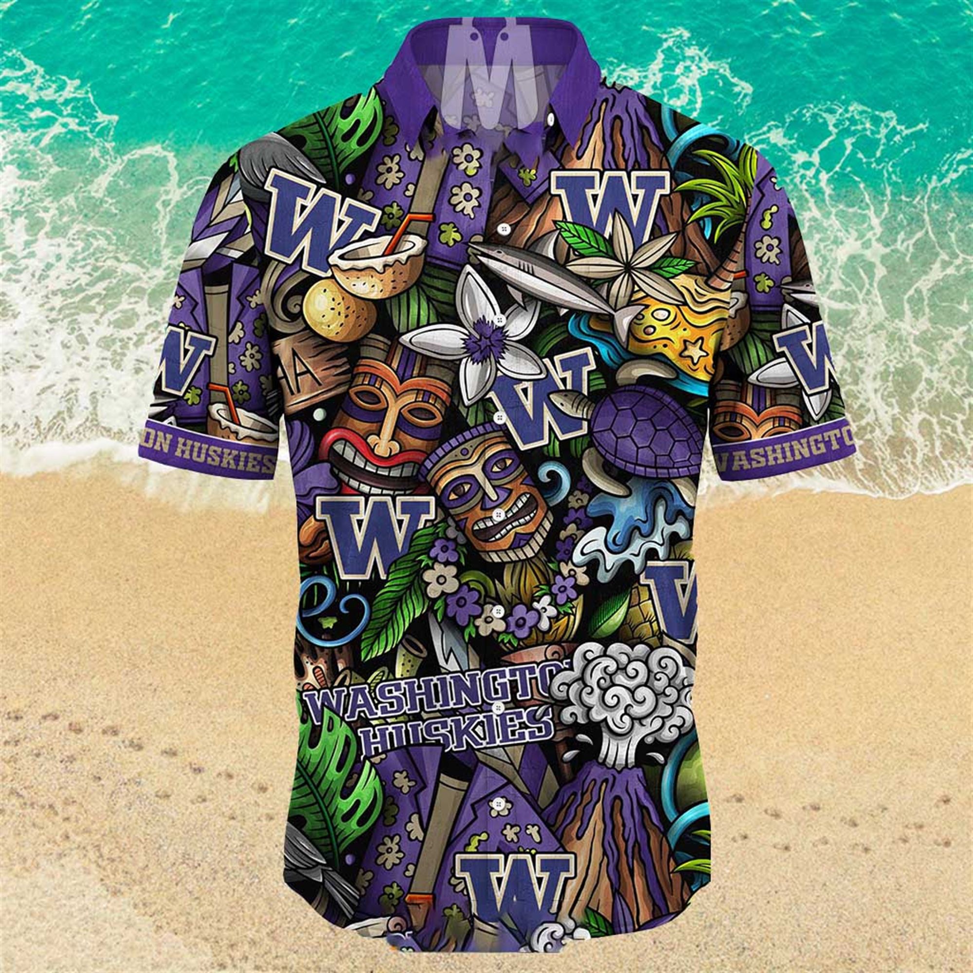 NEW Washington Huskies Ncaa Mens Floral Button Up Hawaiian Shirt