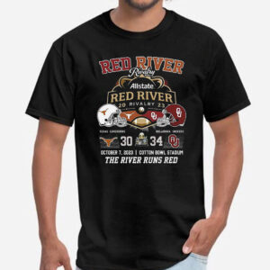 Allstate 2023 Red River Rivalry Oklahoma Sooners The River Runs Red 34 October 7 Shirt