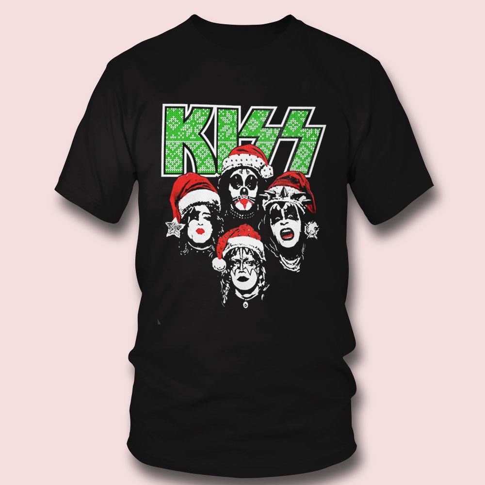Kiss Debut Album Cover With Santa Hats Kissmas Green Logo Christmas Shirt
