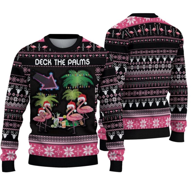 Deck The Palms Flamingo Tropical Christmas Palm Tree Ugly Christmas Sweater