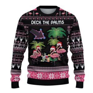 Deck The Palms Flamingo Tropical Christmas Palm Tree Ugly Christmas Sweater