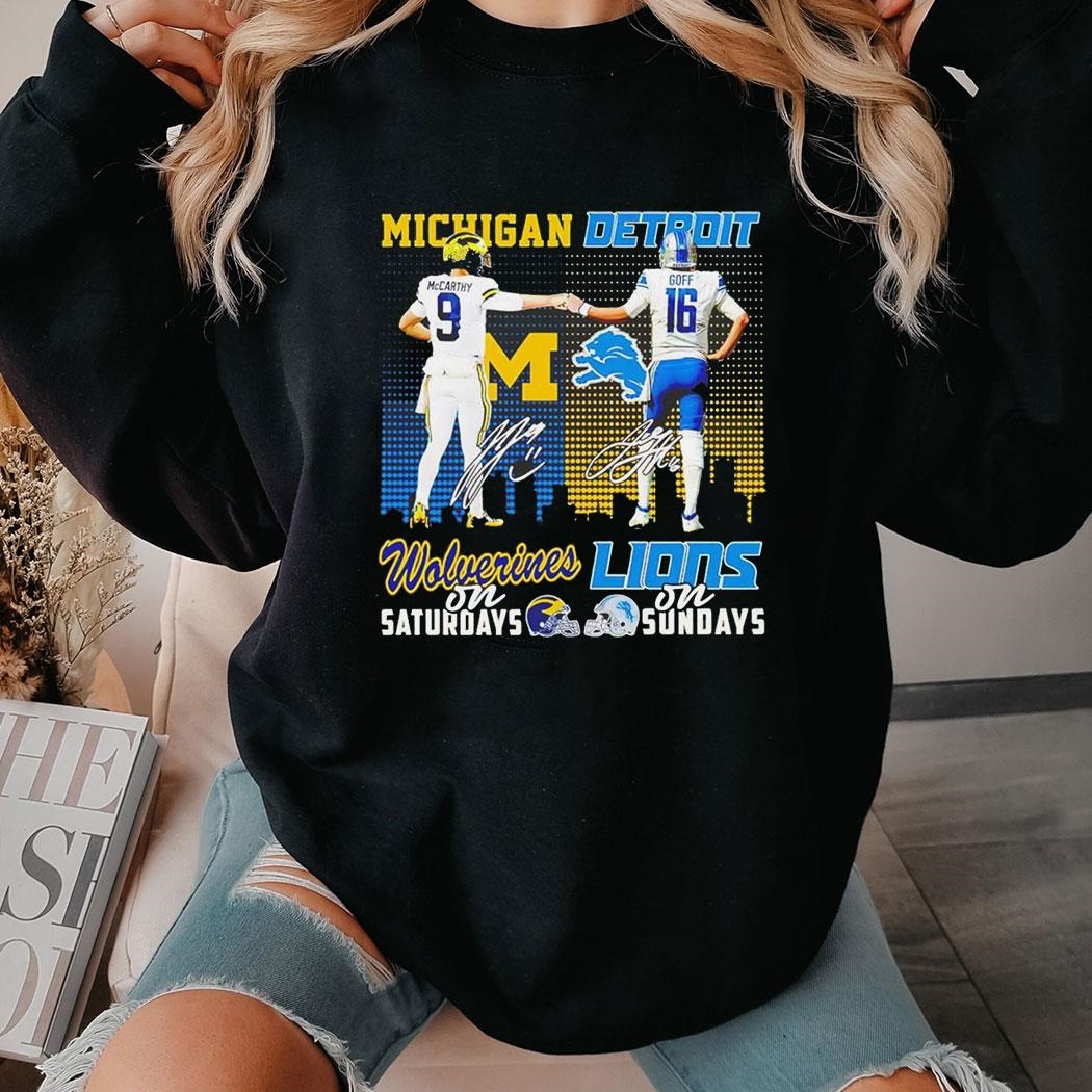 Michigan Wolverines Vs Detroit Lions On Saturdays Mccarthy Vs Goff Signatures Shirt