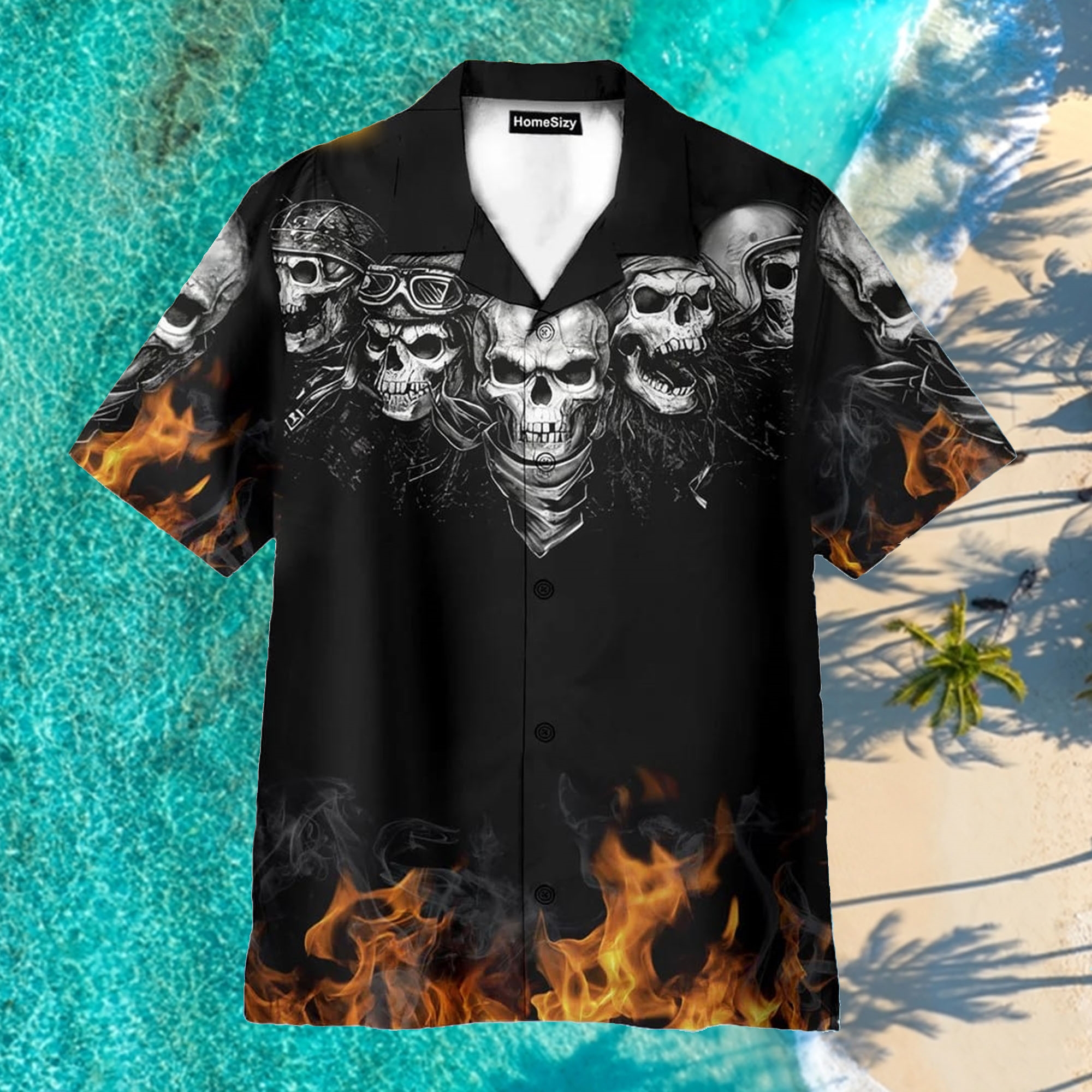 Biker Skull Fire Black Aloha Hawaiian Shirt