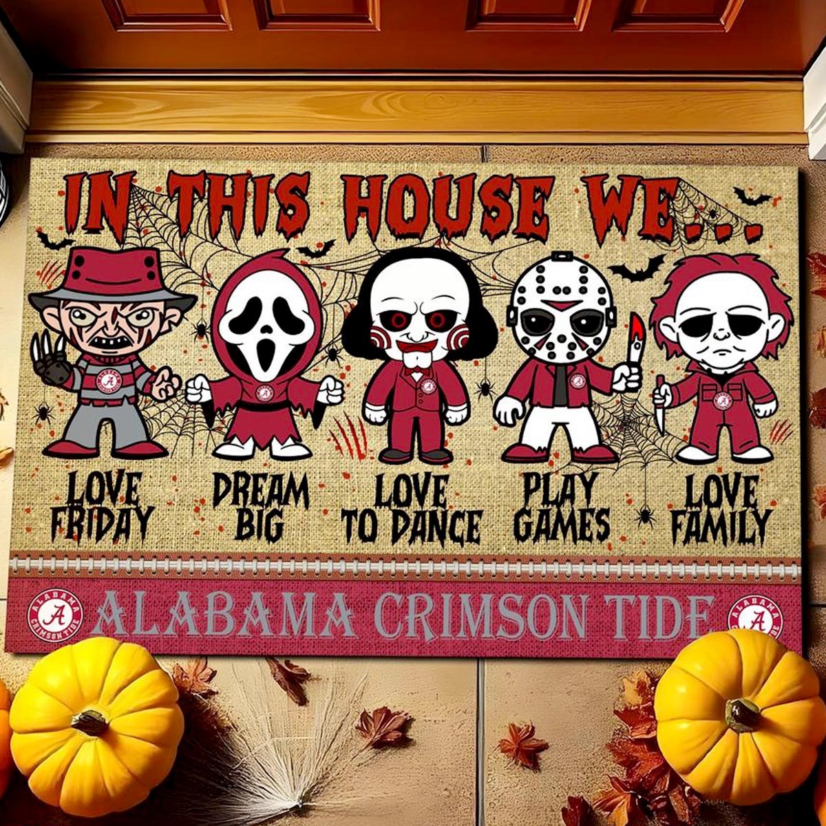 Arkansas Razorbacks In This House We Love Family Dream Big Halloween Horror Movies Doormat