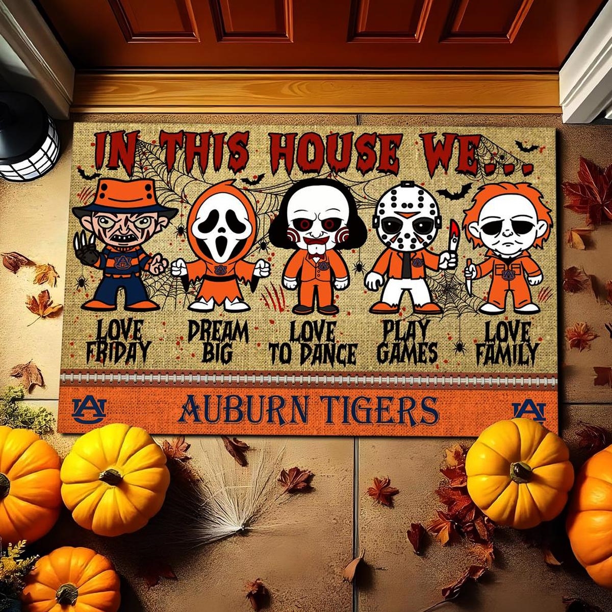 Arkansas Razorbacks In This House We Love Family Dream Big Halloween Horror Movies Doormat