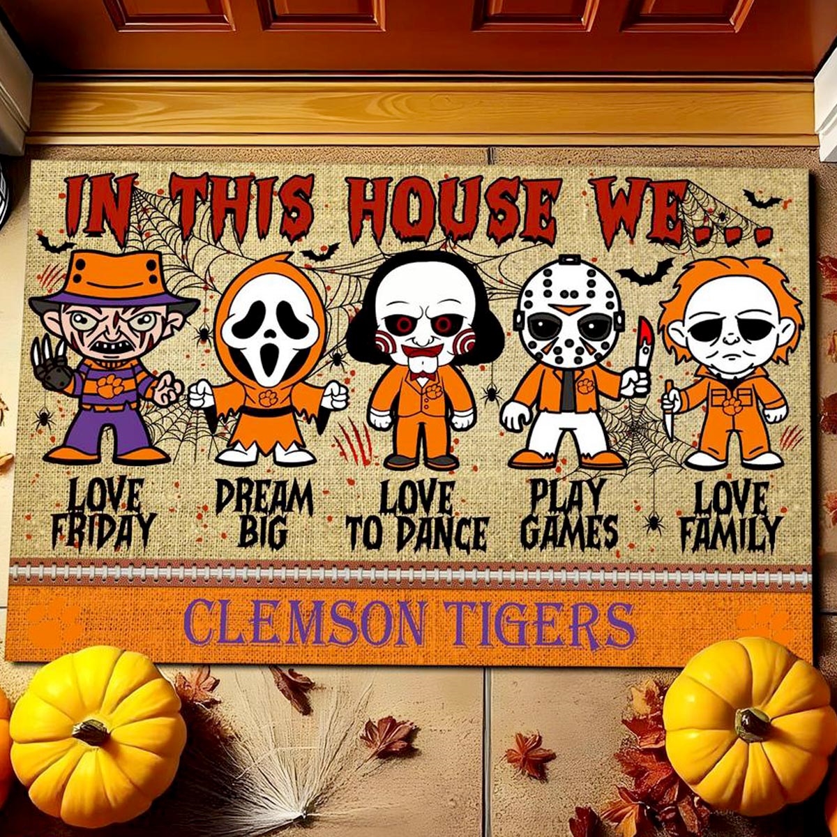 Clemson Tigers In This House We Love Family Dream Big Halloween Horror Movies Doormat