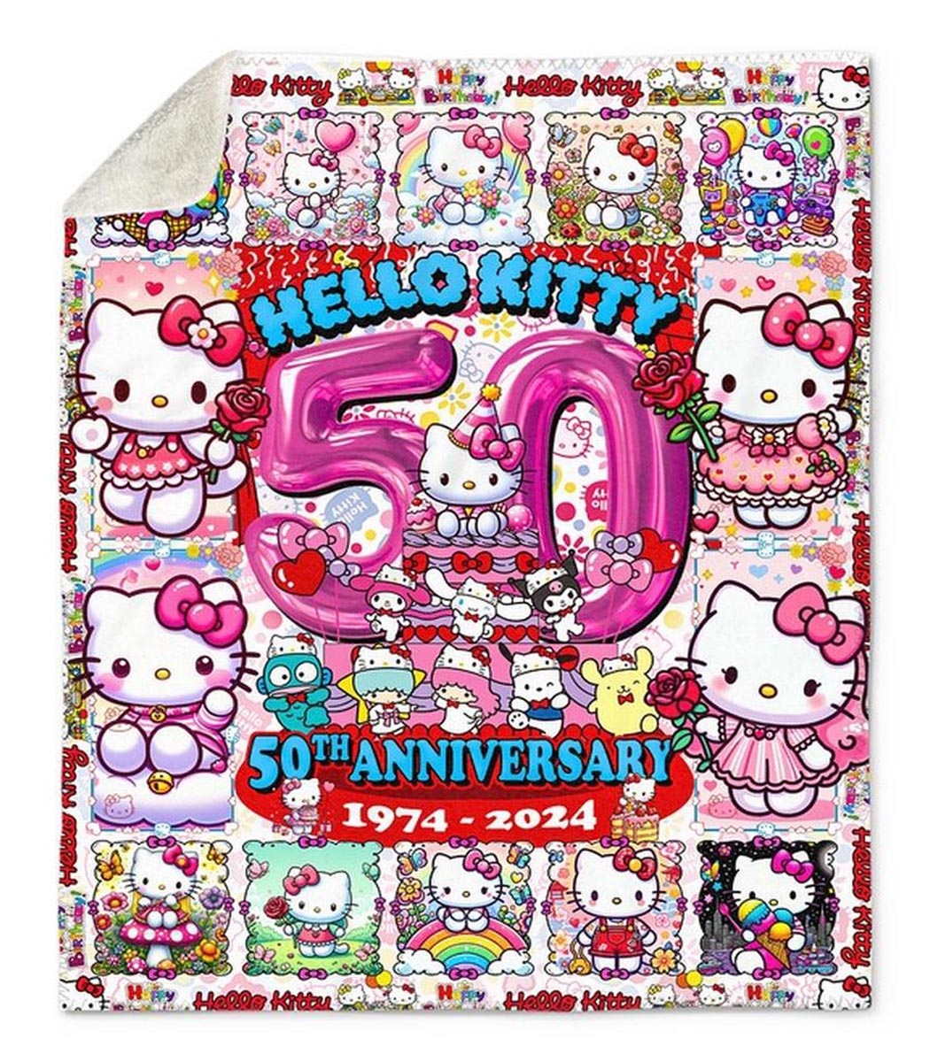 Hello Kitty 50th Anniversary Friend Celebration Quilt Fleece Blanket