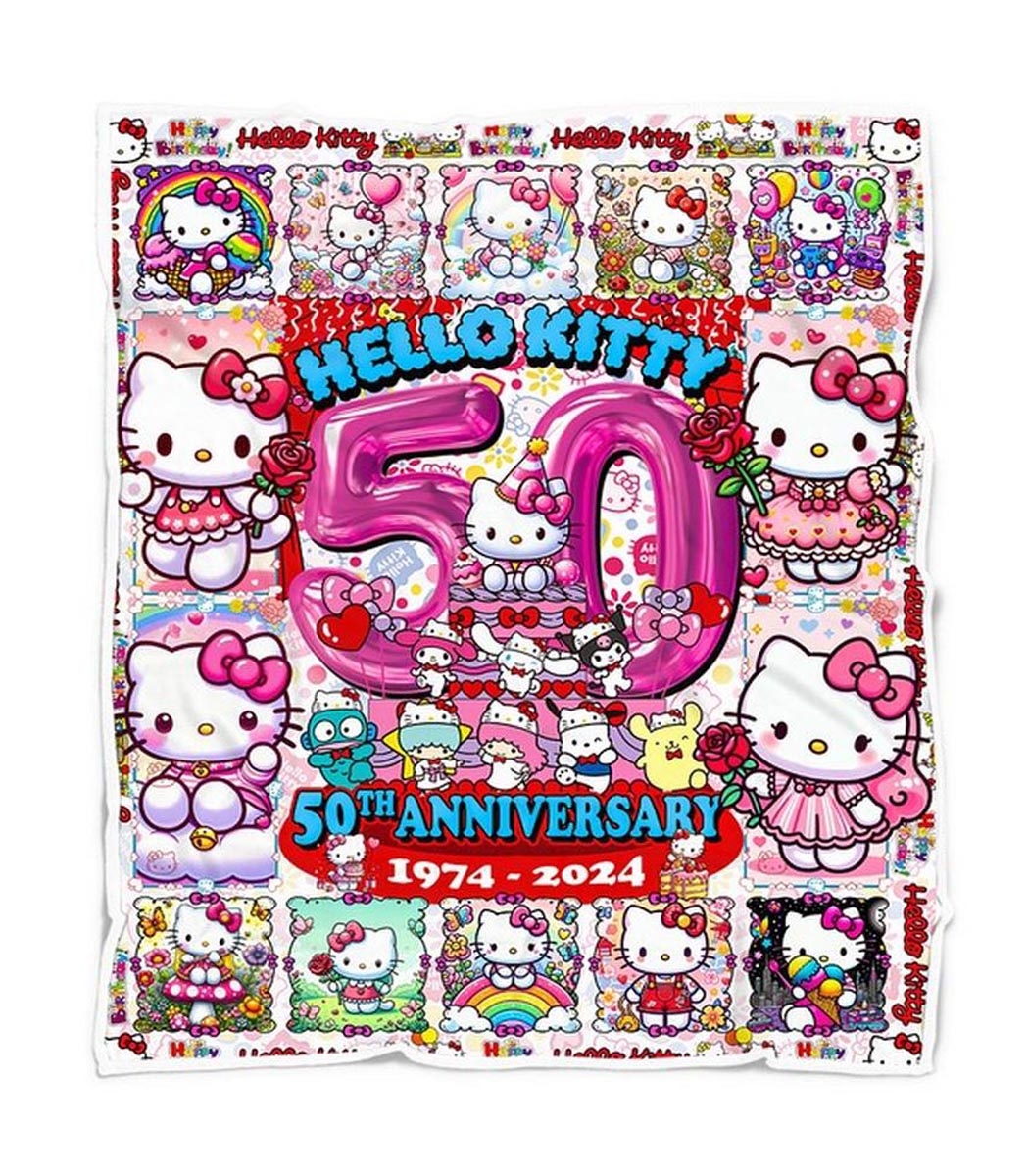 Hello Kitty 50th Anniversary 1974-2024 Celebrating Quilt Fleece Blanket