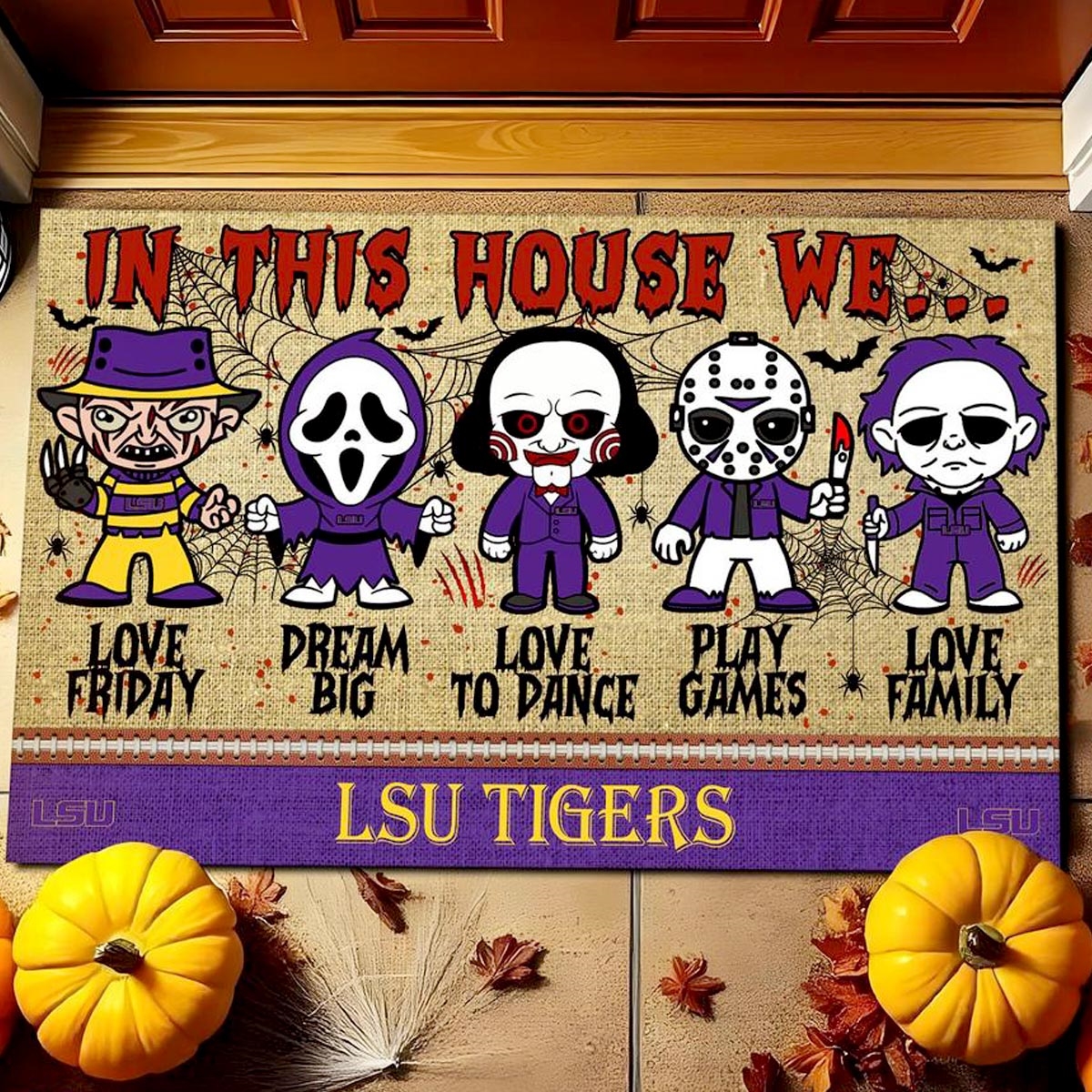 Lsu Tigers In This House We Love Family Dream Big Halloween Horror Movies Doormat