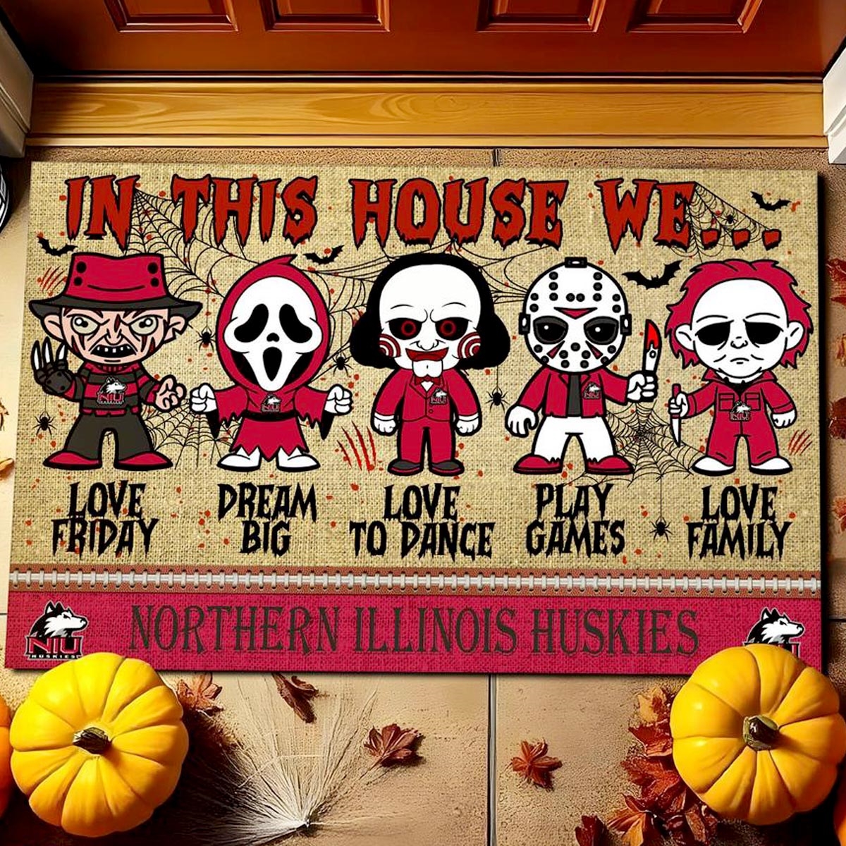 Northern Illinois Huskies In This House We Love Family Dream Big Halloween Horror Movies Doormat