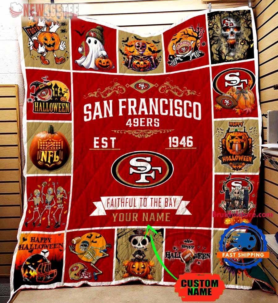 San Francisco 49ers Football Skeleton Pumpkin Skull Halloween Quilt Fleece Blanket