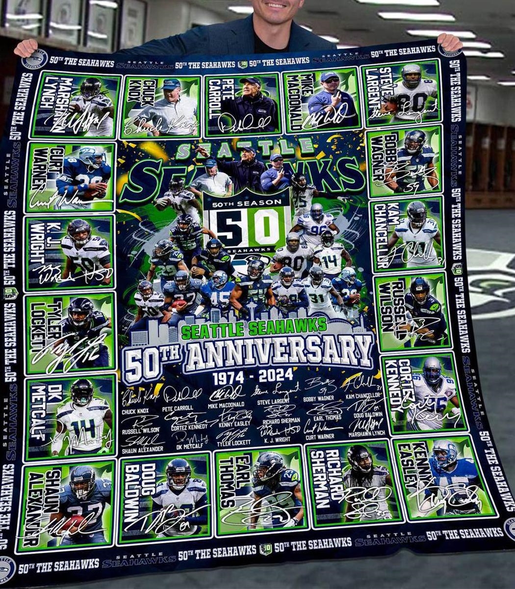 Seattle Seahawks 50th Anniversary 1974 2024 Quilt Fleece Blanket