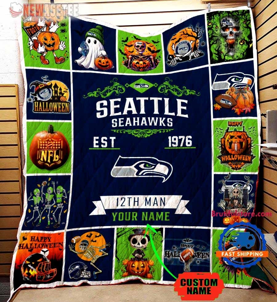 Seattle Seahawks Football Skeleton Pumpkin Skull Halloween Quilt Fleece Blanket