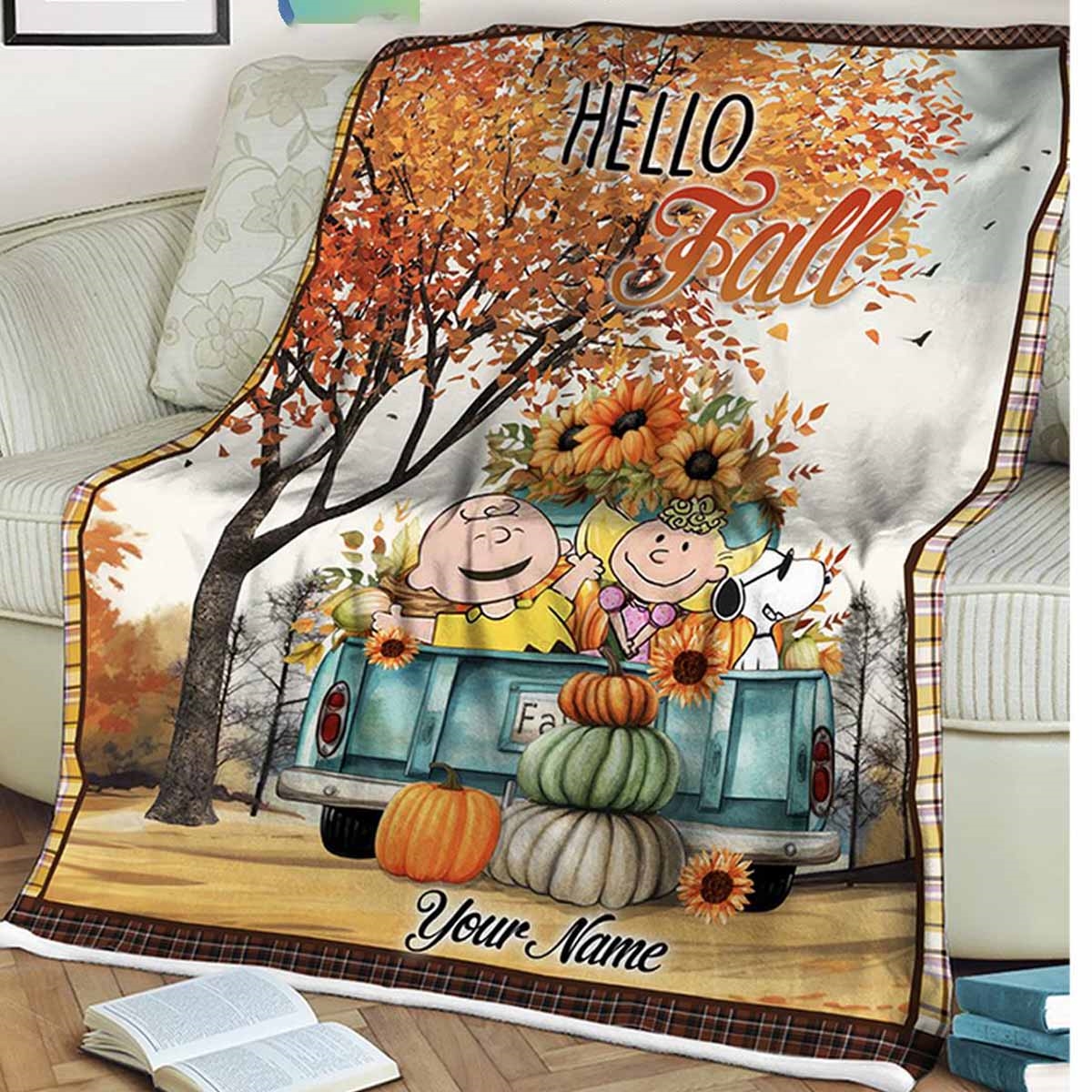 Snoopy Charlie Brown Peanuts Greeting Fall Personalized Quilt Fleece Blanket