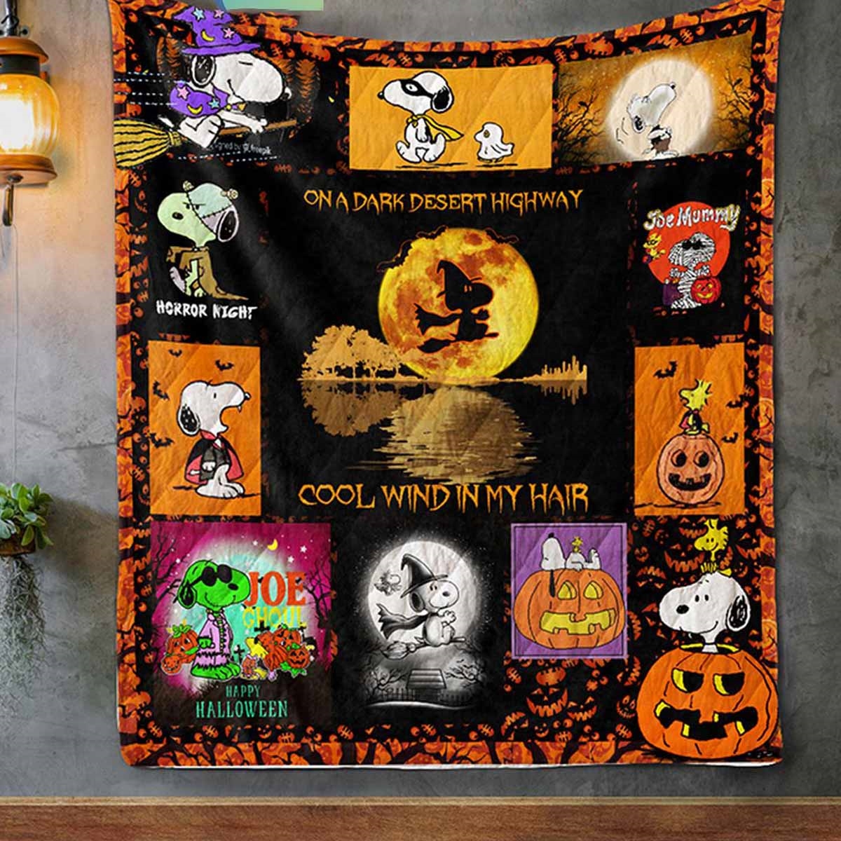 Snoopy On A Dark Desert Highway Cool Wind In My Hair Halloween Quilt Fleece Blanket