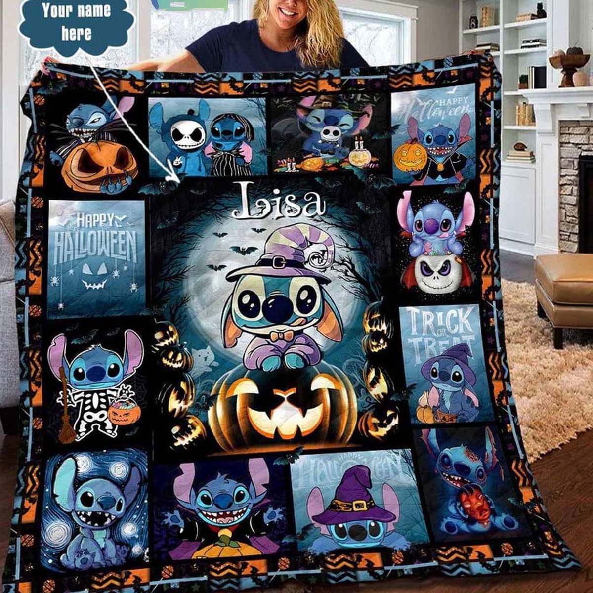 Stitch Happy Halloween Trick Or Treat Night Personalized Quilt Fleece Blanket