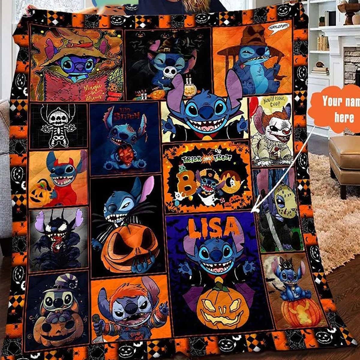 Stitch Happy Halloween Trick Or Treat Night Personalized Quilt Fleece Blanket