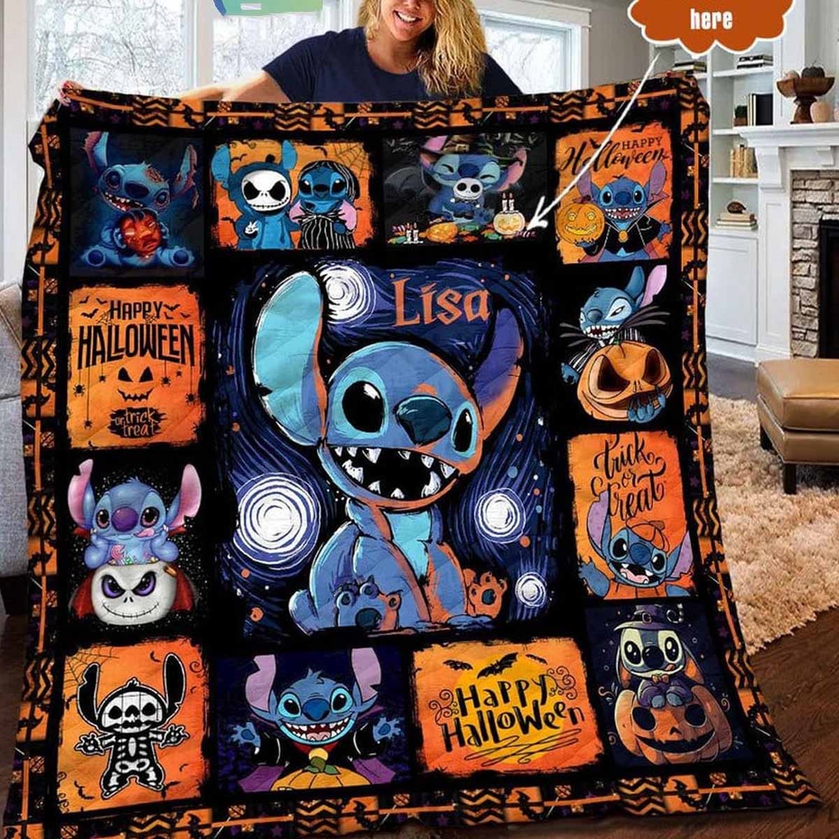 Stitch Screaming In Halloween 2024 Personalized Quilt Fleece Blanket