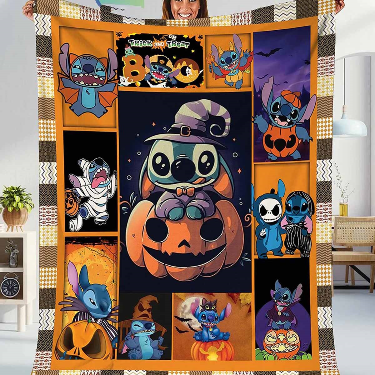 Stitch Trick And Treat 2024 Jack O Lantern Personalized Quilt Fleece Blanket