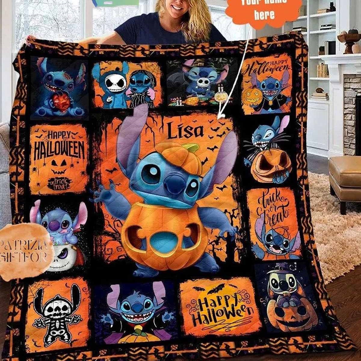 Stitch With Jack O Lantern 2024 Pumpkin Personalized Quilt Fleece Blanket