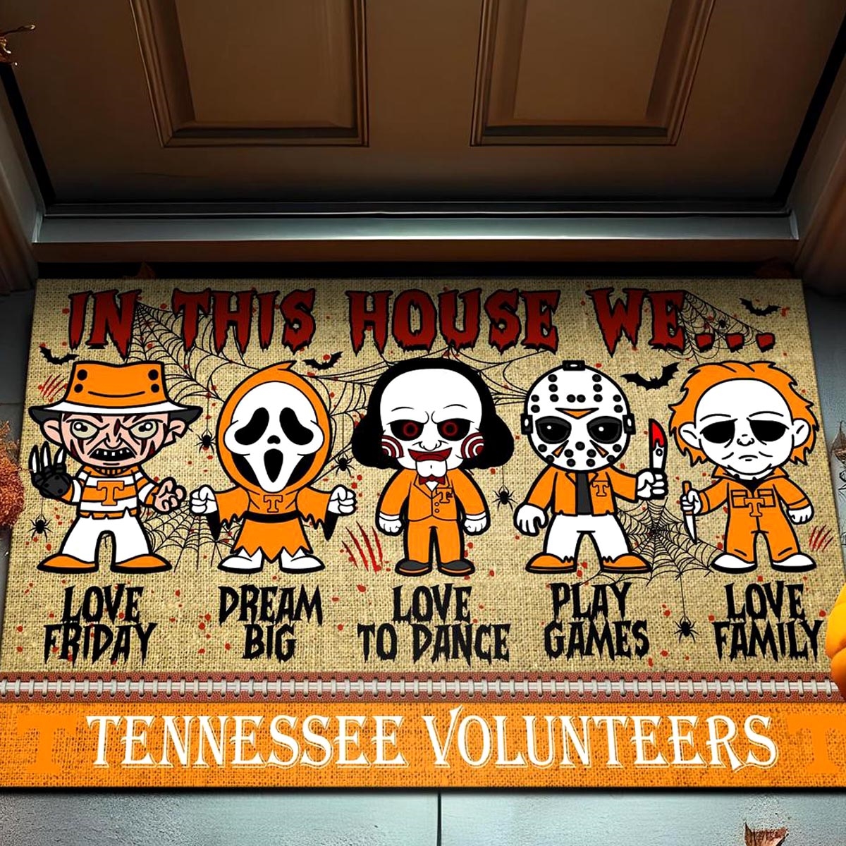 Tennessee Volunteers In This House We Love Family Dream Big Halloween Horror Movies Doormat