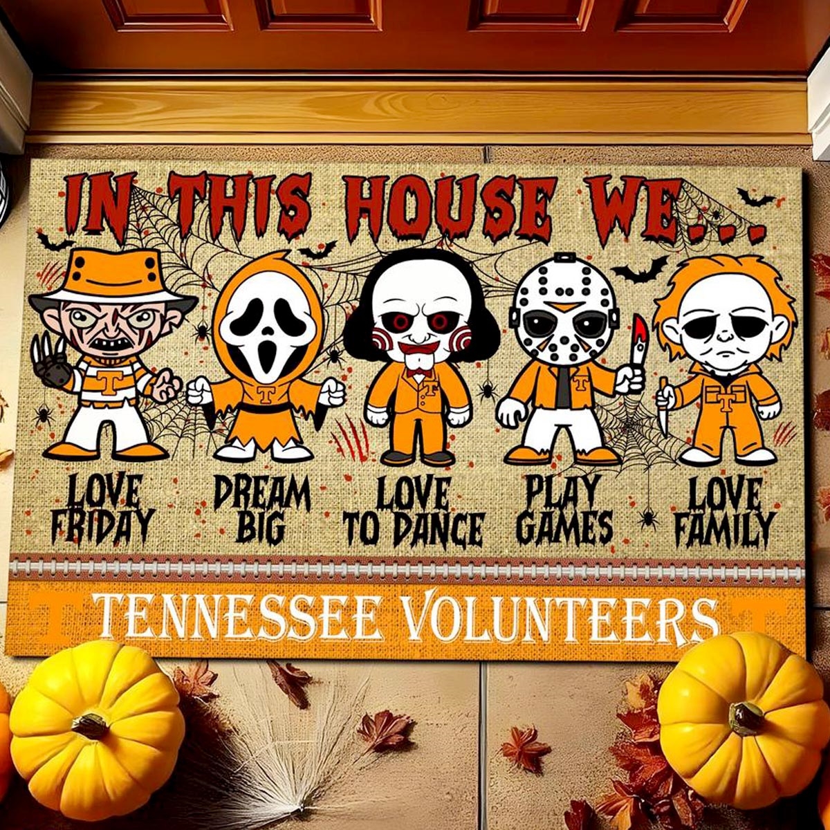 Tennessee Volunteers In This House We Love Family Dream Big Halloween Horror Movies Doormat