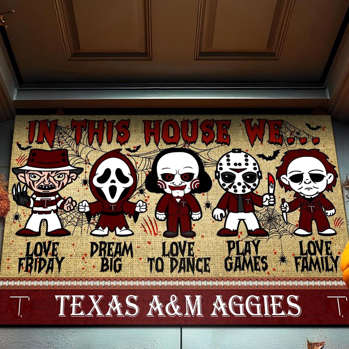 Texas A M Aggies In This House We Love Family Dream Big Halloween Horror Movies Doormat