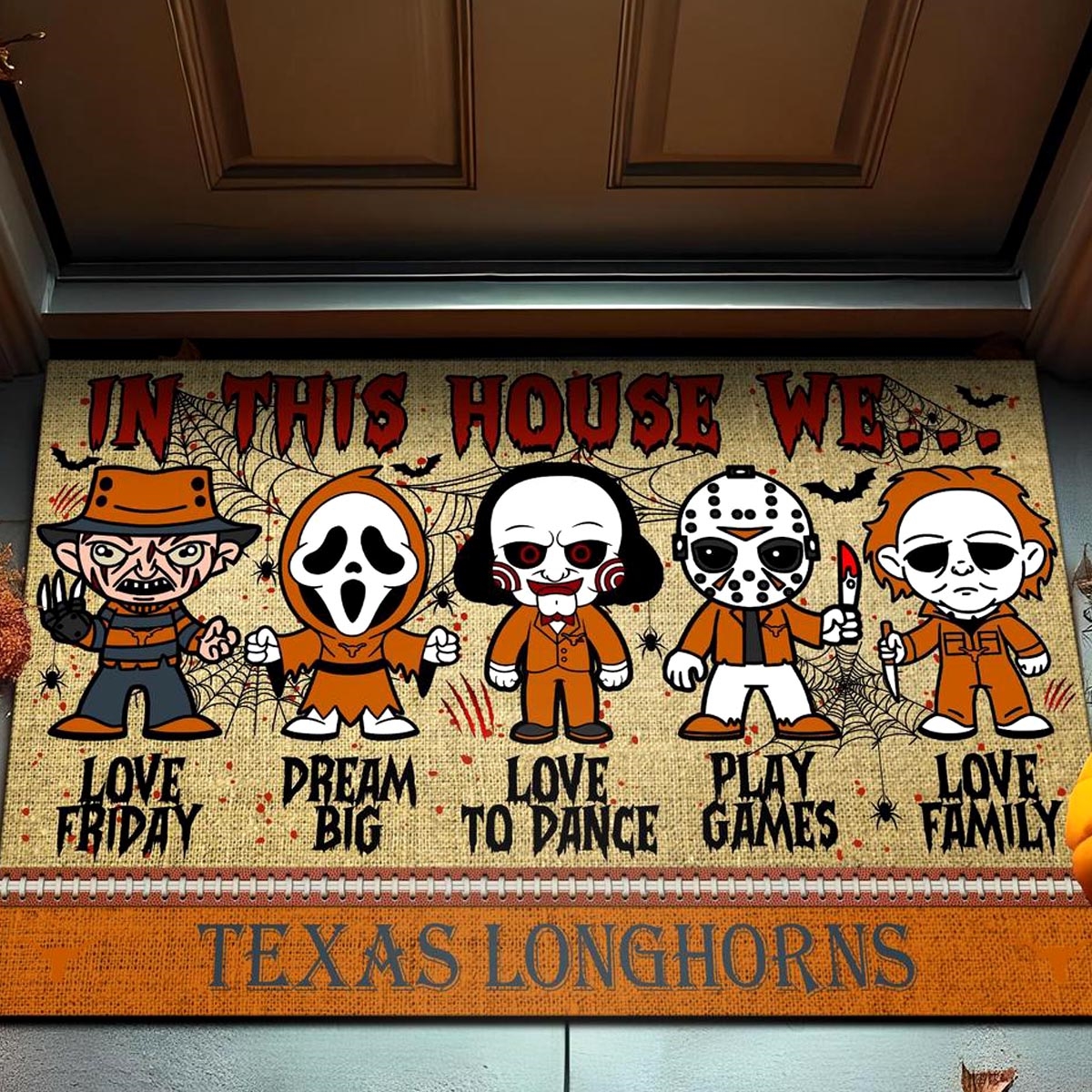 Texas Longhorns In This House We Love Family Dream Big Halloween Horror Movies Doormat