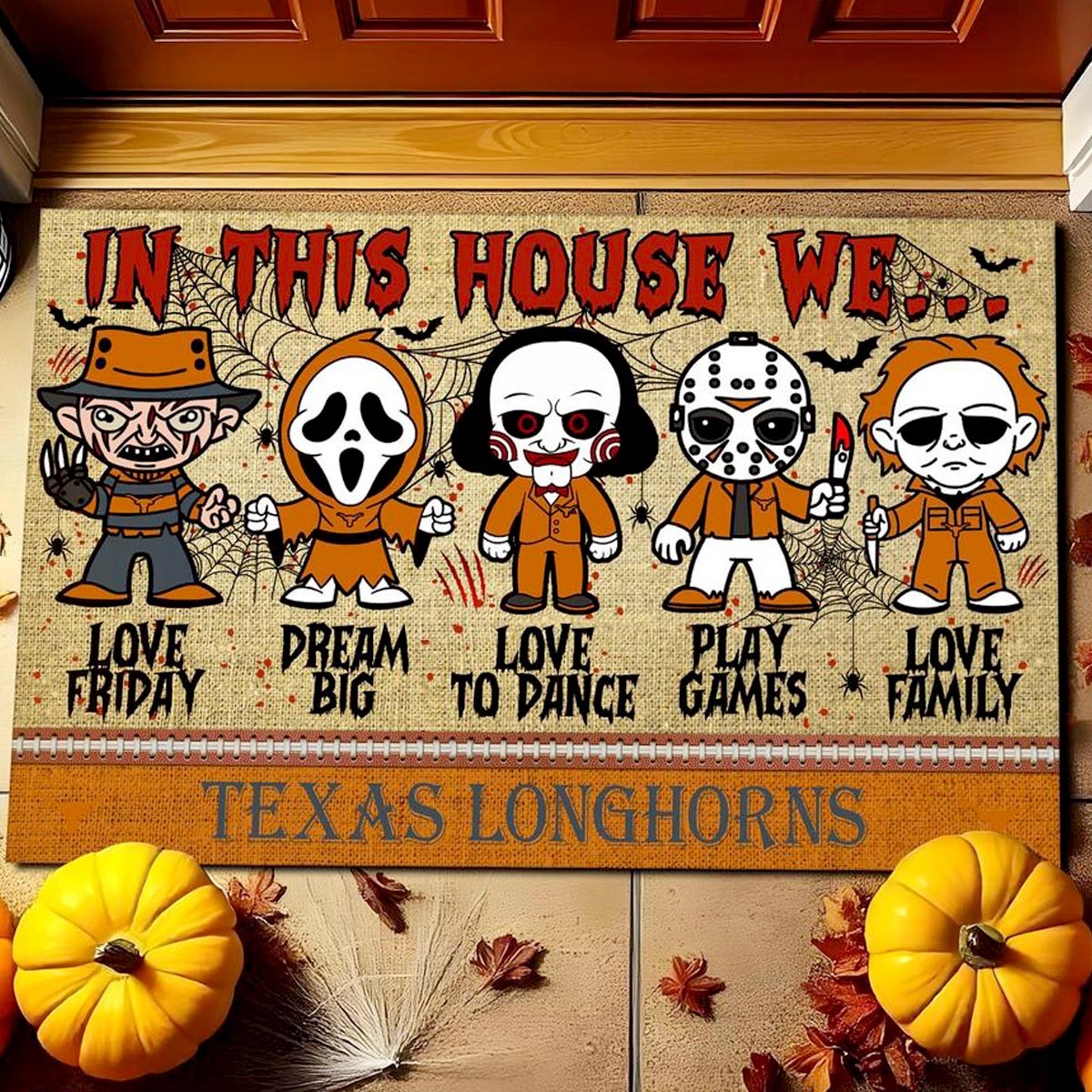 Texas Longhorns In This House We Love Family Dream Big Halloween Horror Movies Doormat