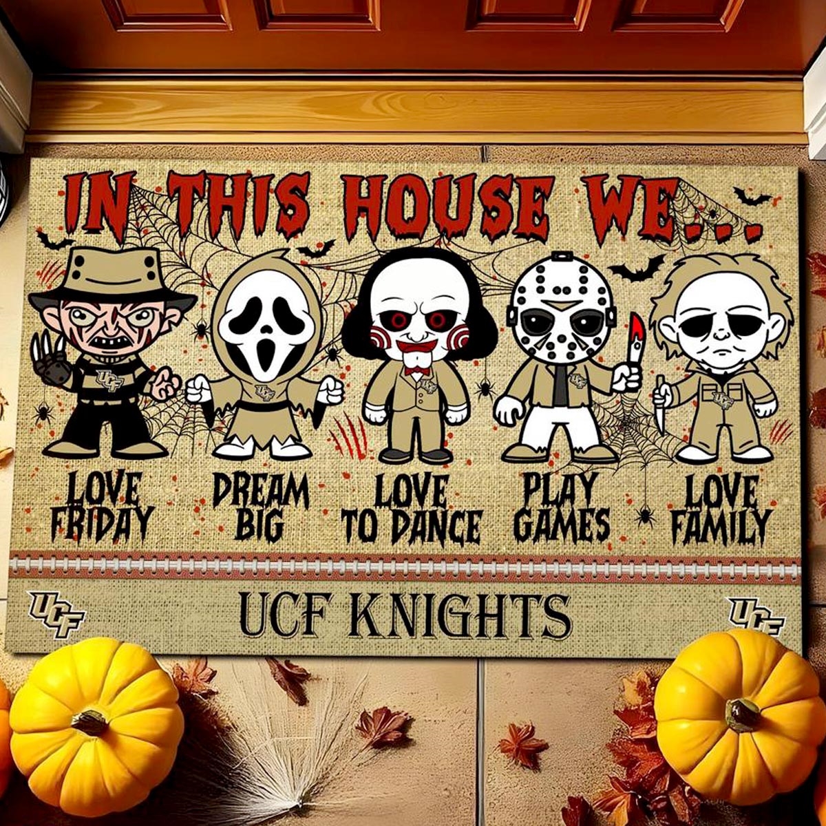 Ucf Knights In This House We Love Family Dream Big Halloween Horror Movies Doormat