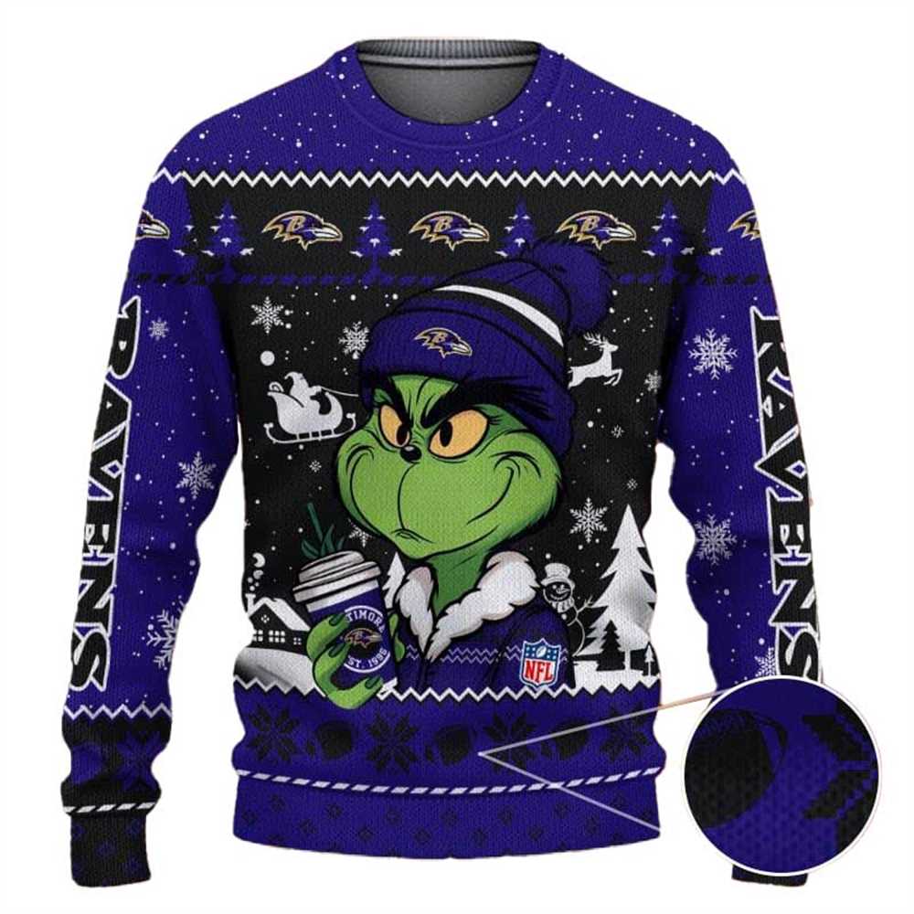 Baltimore Ravens The Grinch Drink Coffee Ugly Christmas Sweater