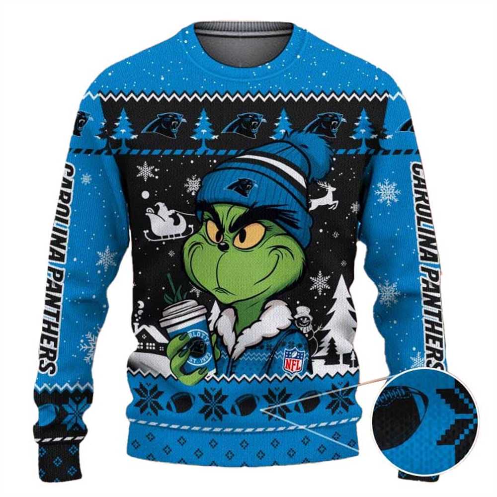 Carolina Panthers The Grinch Drink Coffee Ugly Christmas Sweater