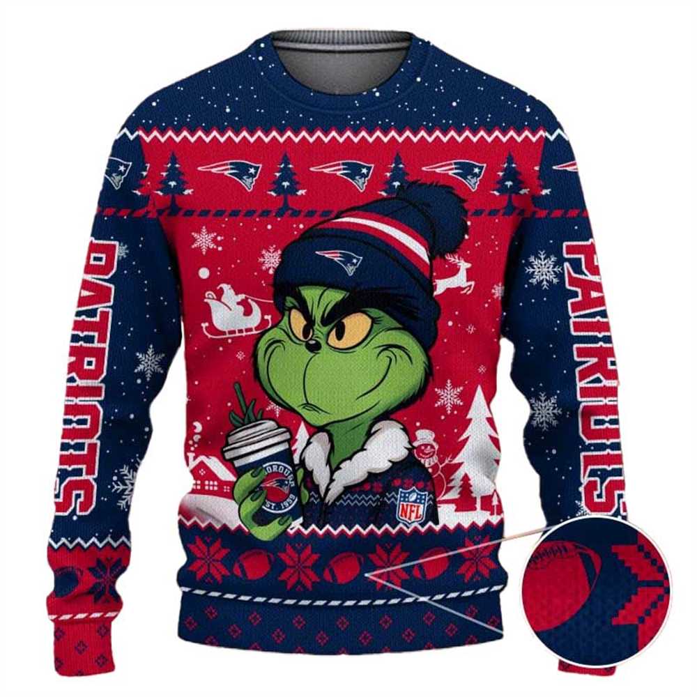 New England Patriots The Grinch Drink Coffee Ugly Christmas Sweater