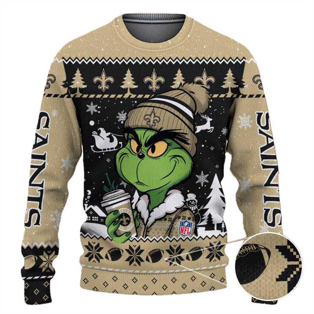 New Orleans Saints The Grinch Drink Coffee Ugly Christmas Sweater