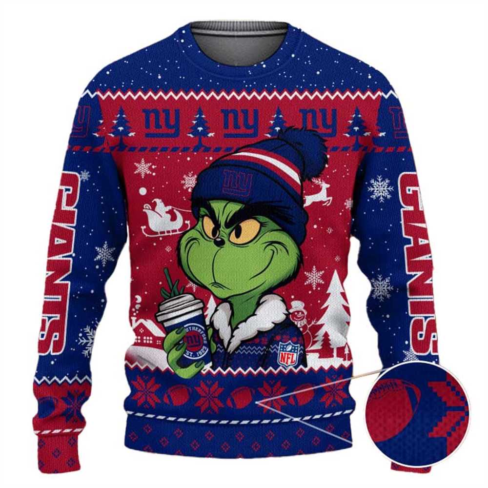 New York Giants The Grinch Drink Coffee Ugly Christmas Sweater