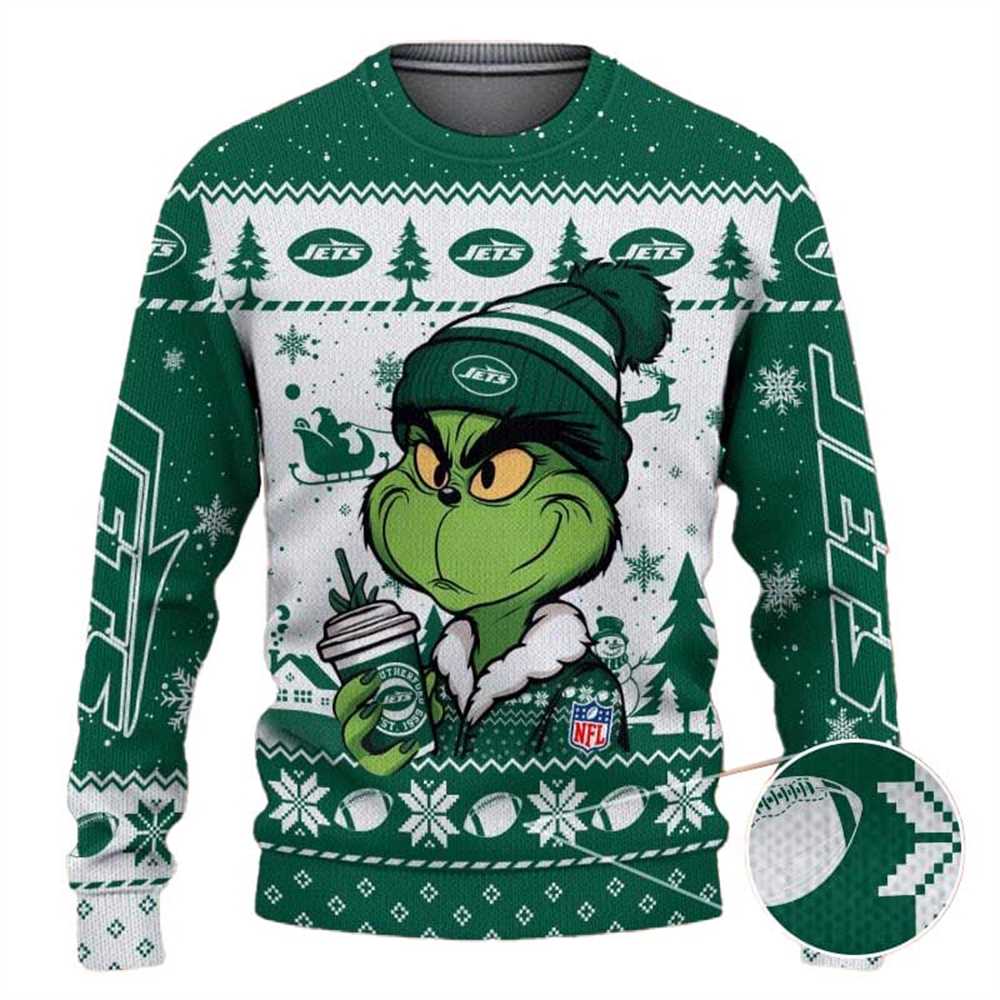 New York Jets The Grinch Drink Coffee Ugly Christmas Sweater