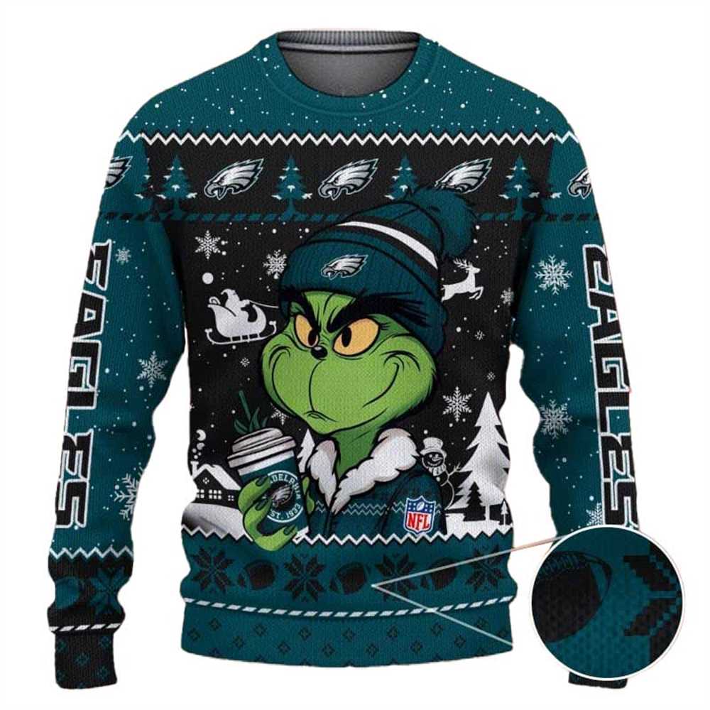 Philadelphia Eagles The Grinch Drink Coffee Ugly Christmas Sweater