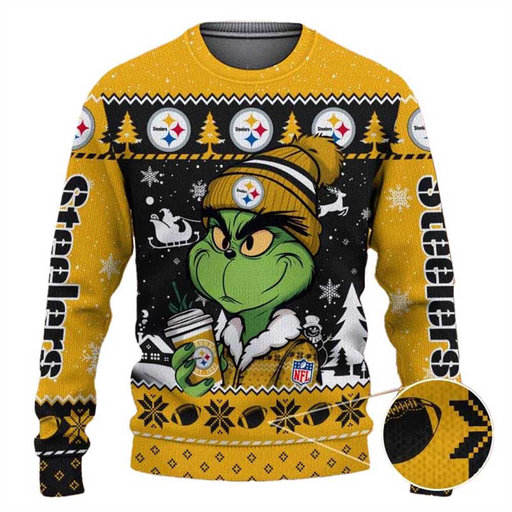 Pittsburgh Steelers The Grinch Drink Coffee Ugly Christmas Sweater