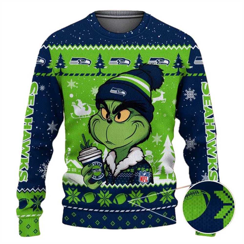 Seattle Seahawks The Grinch Drink Coffee Ugly Christmas Sweater