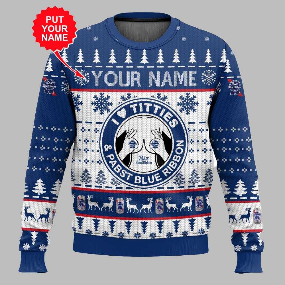 Pabst Blue Ribbon Titties Funny Custom Name Christmas Ugly Sweater