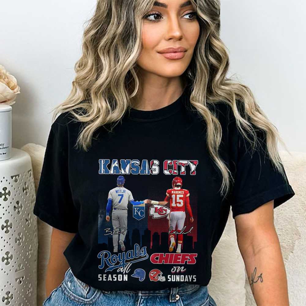 Kansas City Sports Witt Jr Royals All Season Mahomes Chiefs On Sundays Skyline Shirt Kansas City Sports Witt Jr Royals All Season Mahomes Chiefs On Sundays Skyline Shirt